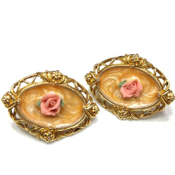 Vintage 1928 Style Brooch & Earrings, Pink Porcelain Roses, Peach Enamel, 1980s - Picture 4 of 10